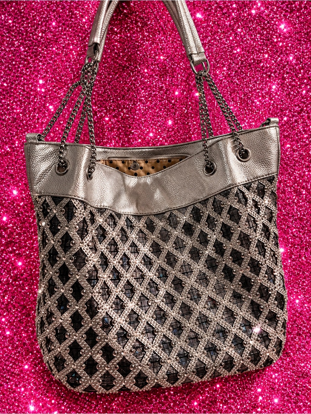 Y2K Metallic🩶Silver Rhinestone Chain-Handle Tote Bag